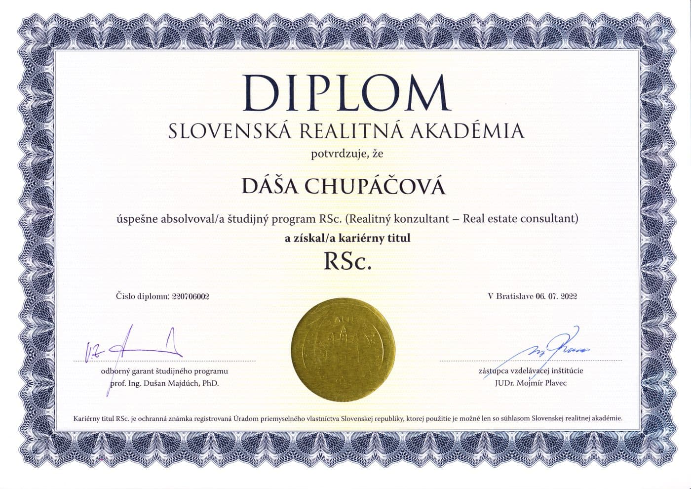 Diplom RSc. — Slovenská realitná akadémia