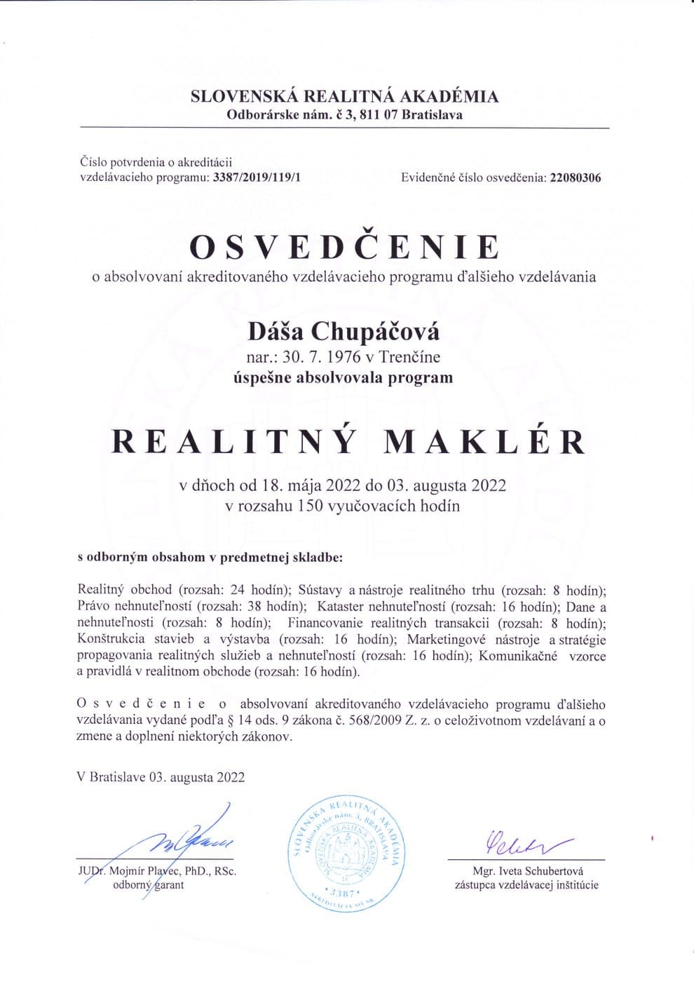 Osvedčenie realitný maklér