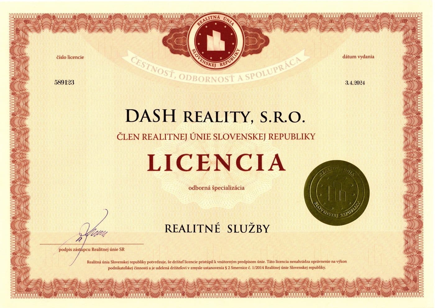Licencia DASH reality s.r.o.
