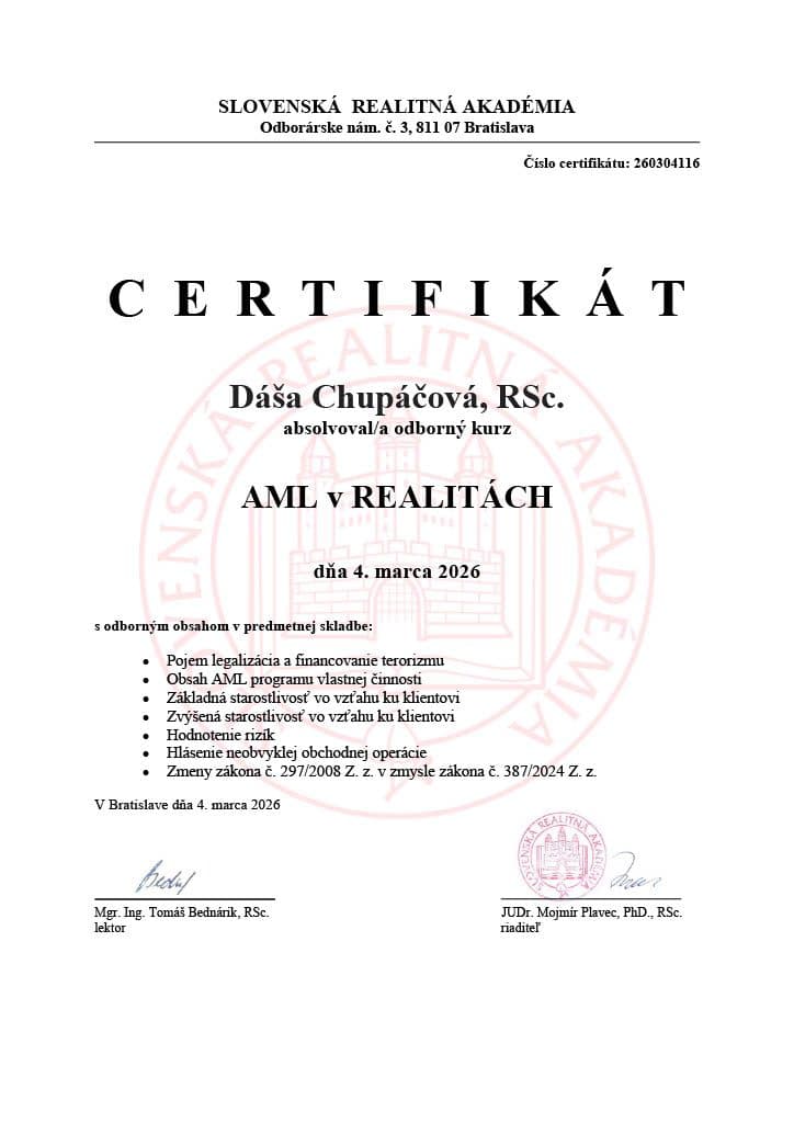 Certifikát AML v realitách